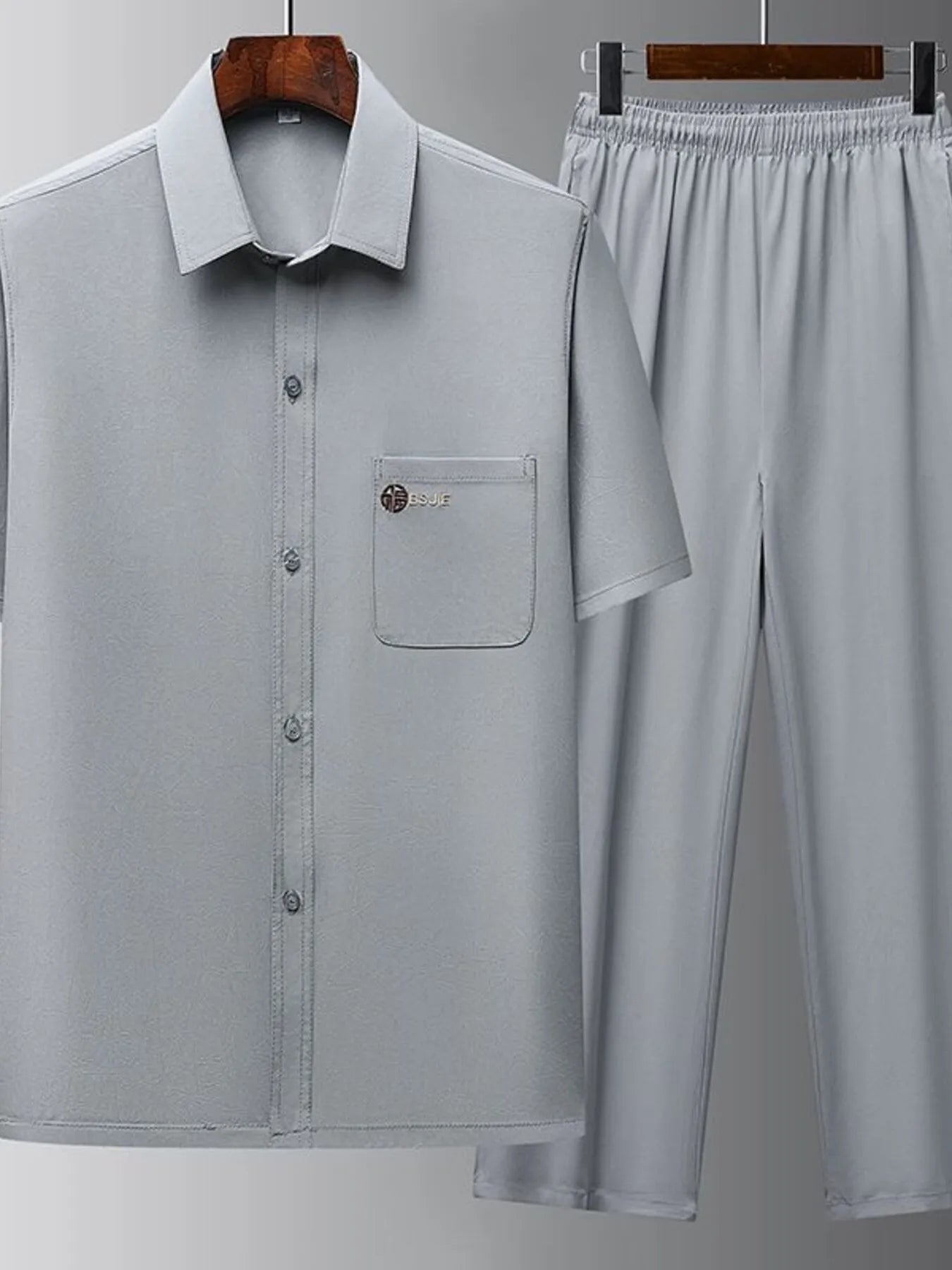 Men's Full Size Button Up Short Sleeve Top and Pants Set Plus Size Gray Easy Apparels