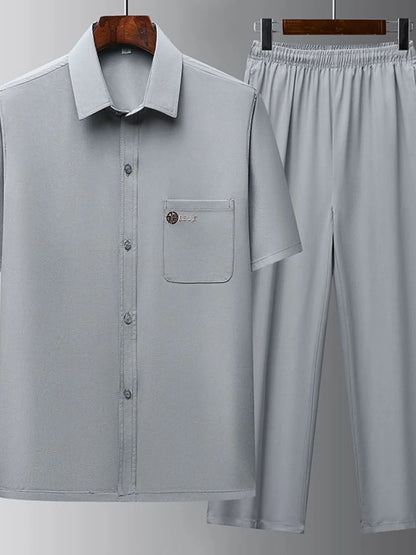 Men's Full Size Button Up Short Sleeve Top and Pants Set Plus Size Gray Easy Apparels