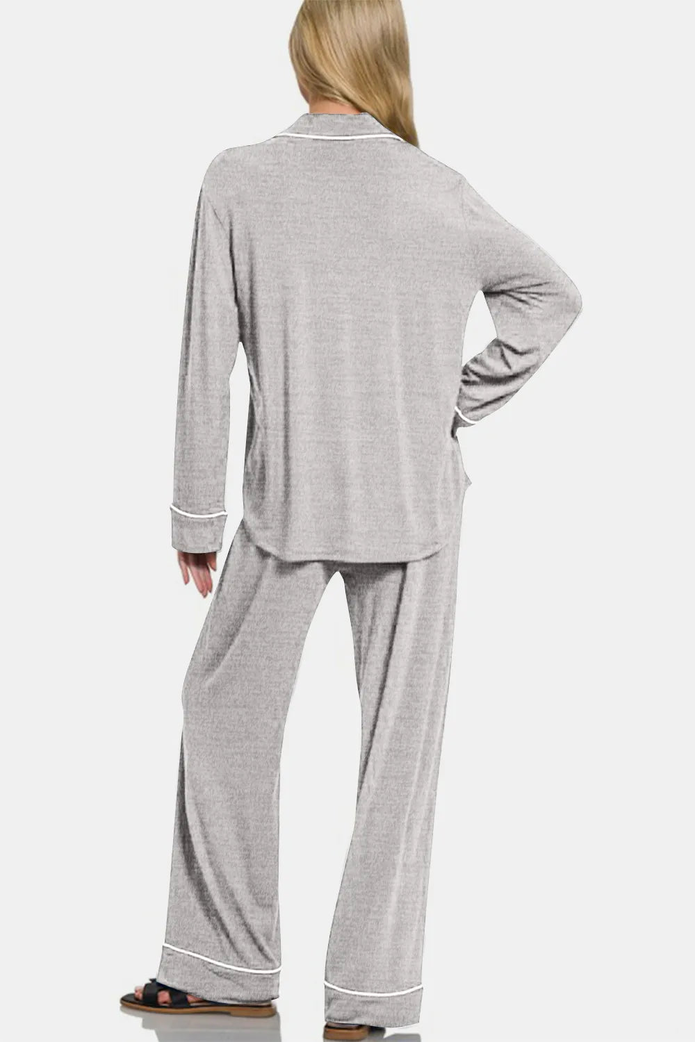 Zenana Button Down Long Sleeve Top and Pants Lounge Set Easy Apparels
