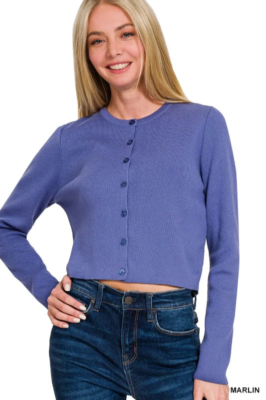 Zenana Button-Front Crewneck Long Sleeve Cropped Cardigan Easy Apparels