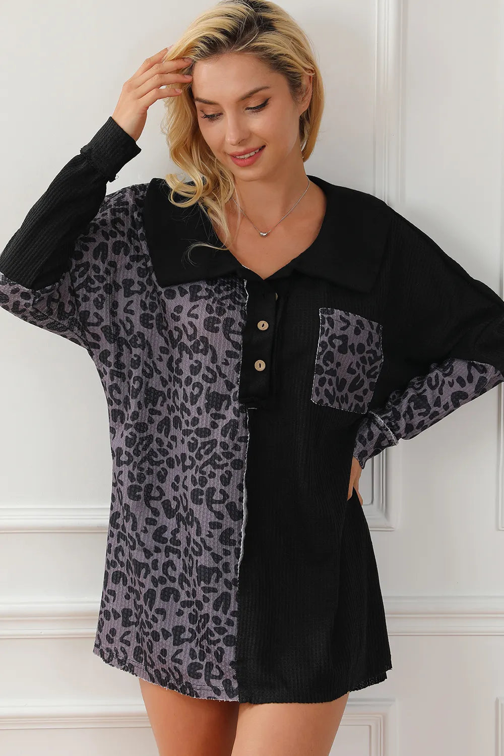 Trendsi Half Button Leopard Collared Neck Blouse