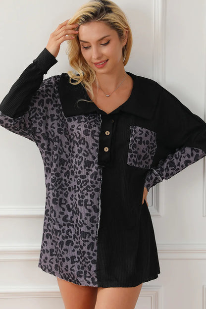Trendsi Half Button Leopard Collared Neck Blouse
