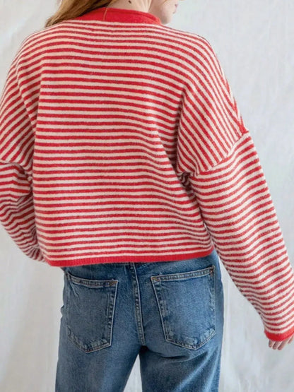 Striped Button Front Long Sleeve Cardigan Easy Apparels