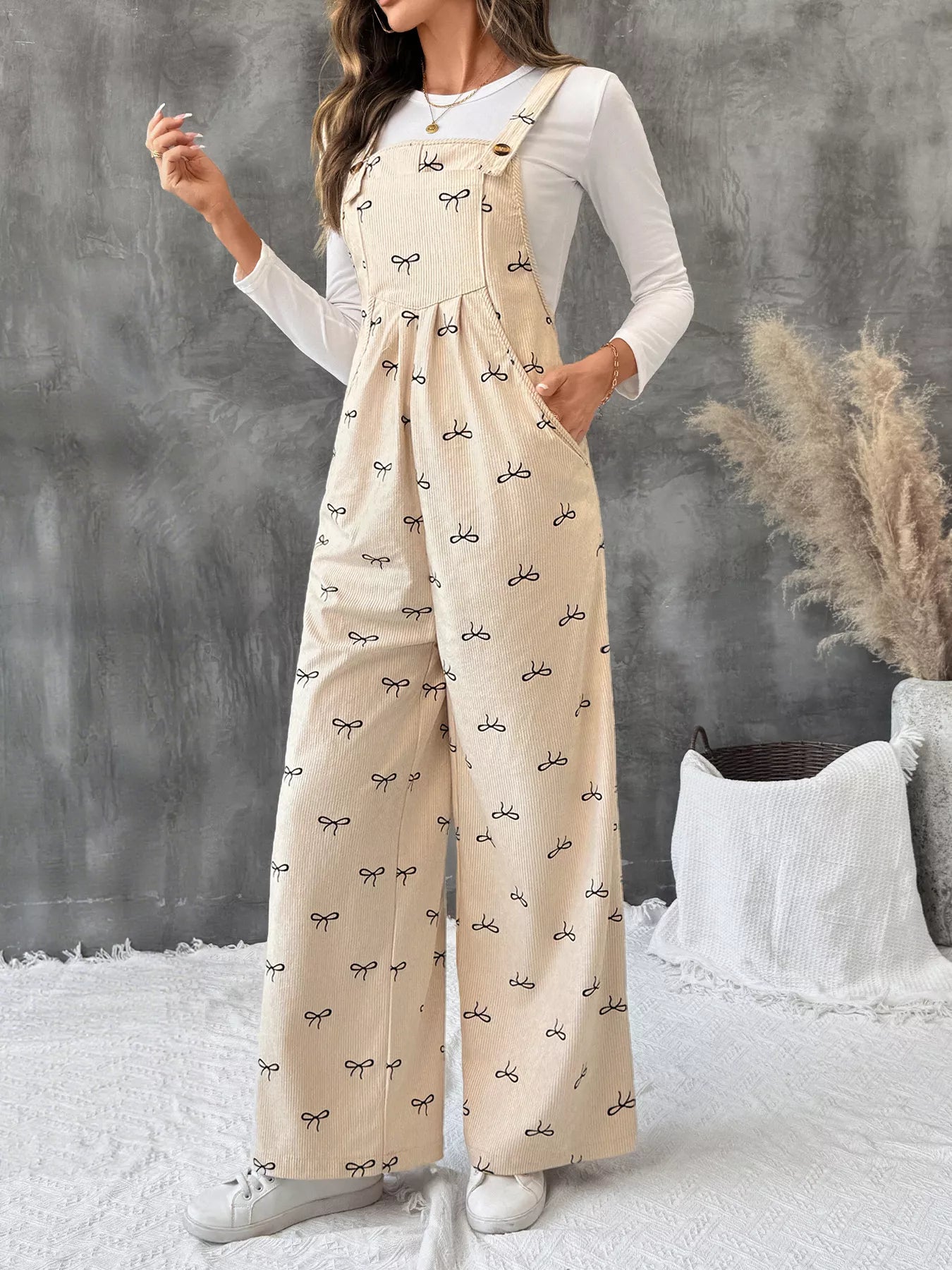 Bow Wide Leg Corduroy Overalls Easy Apparels