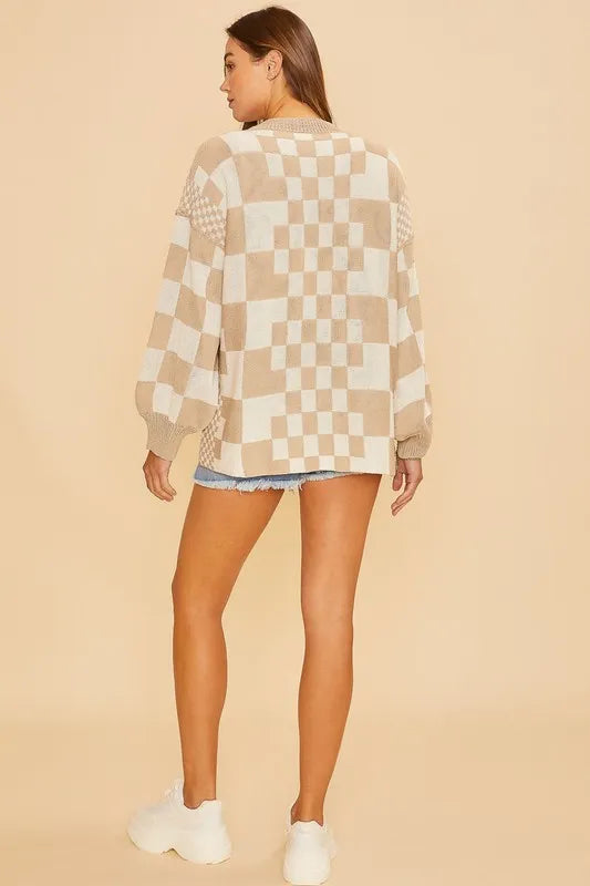 Trendsi Annie Wear Checkered Open Front Drop Shoulder Cardigan
