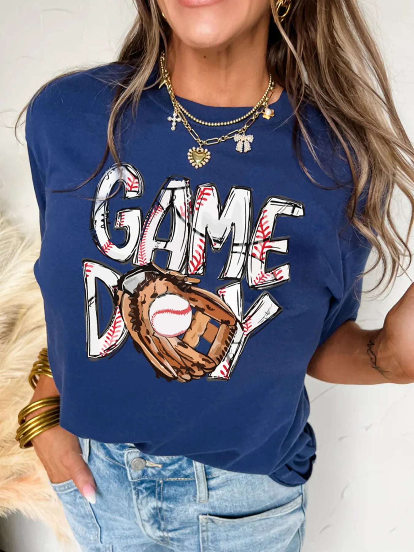 Trendsi GAME DAY Graphic Short Sleeve T Shirt Blue