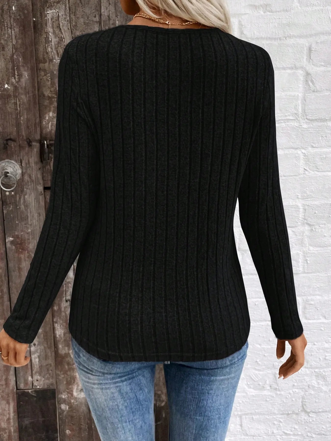 Trendsi Ribbed V-Neck Long Sleeve Knit T-Shirt