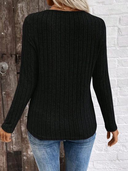 Trendsi Ribbed V-Neck Long Sleeve Knit T-Shirt