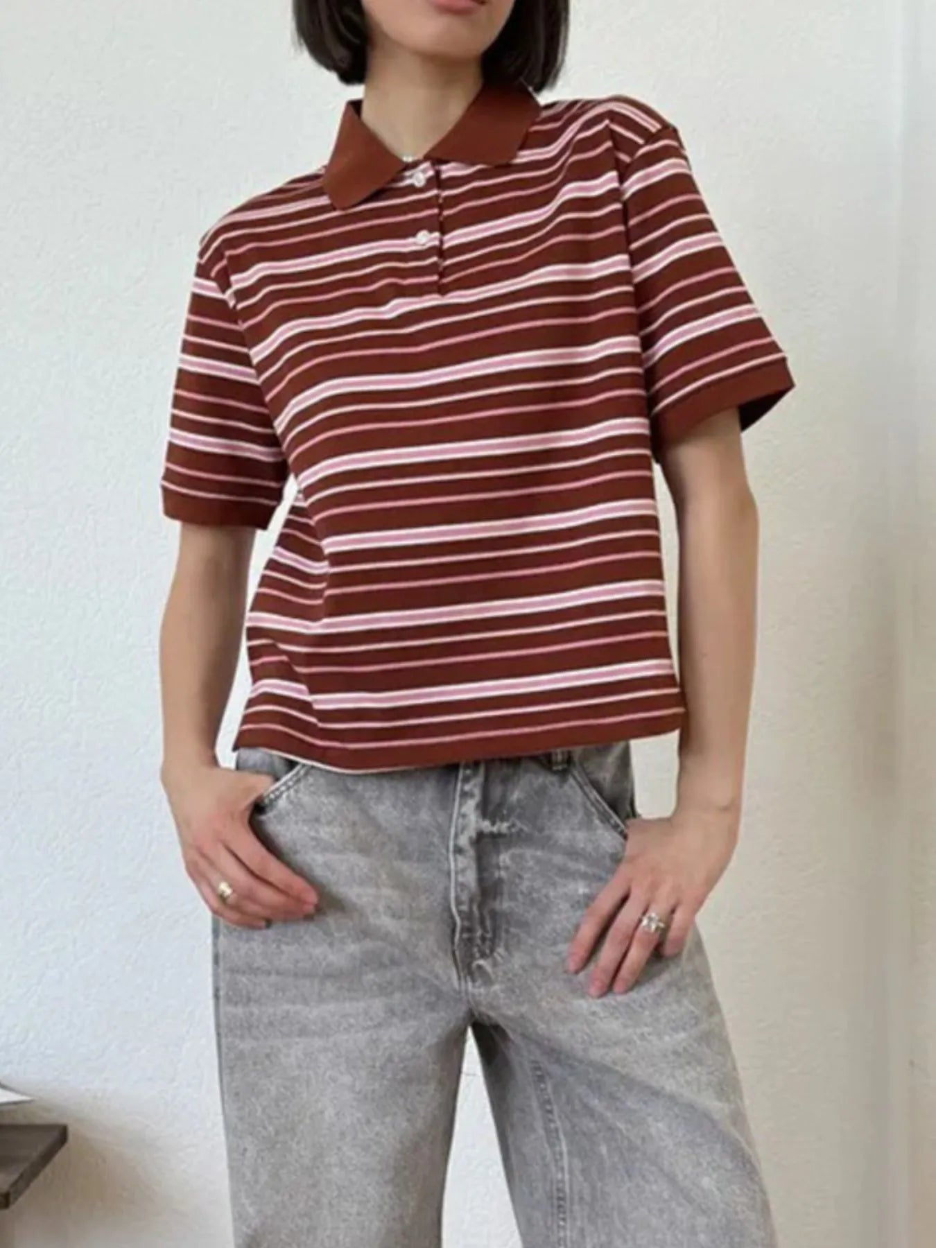 Trendsi Striped Polo T-Shirt with Contrast Collar