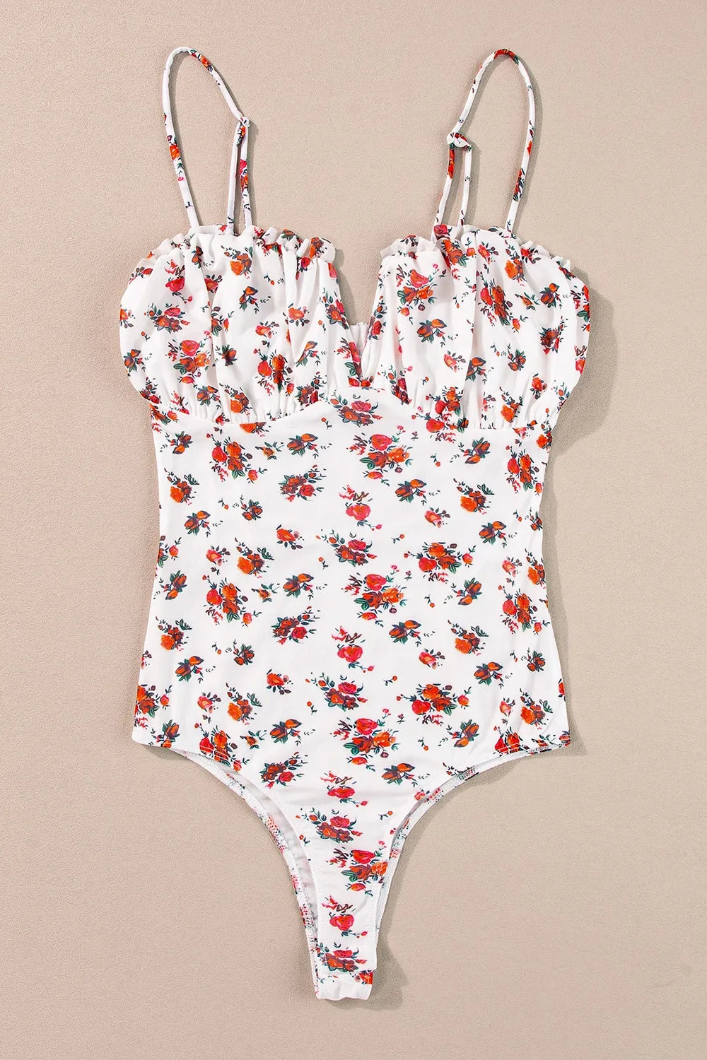Trendsi Floral Frilled Trim Spaghetti Straps Bodysuit