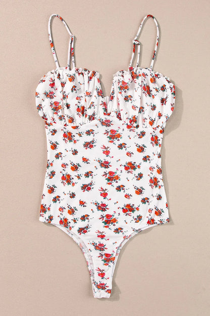 Trendsi Floral Frilled Trim Spaghetti Straps Bodysuit
