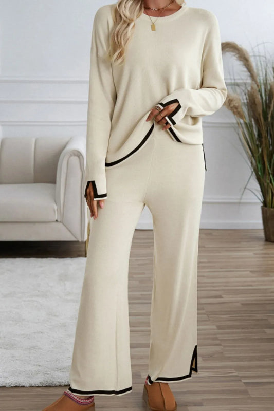 Contrast Trim Round Neck Top and Pants Sweater Set Cream Easy Apparels