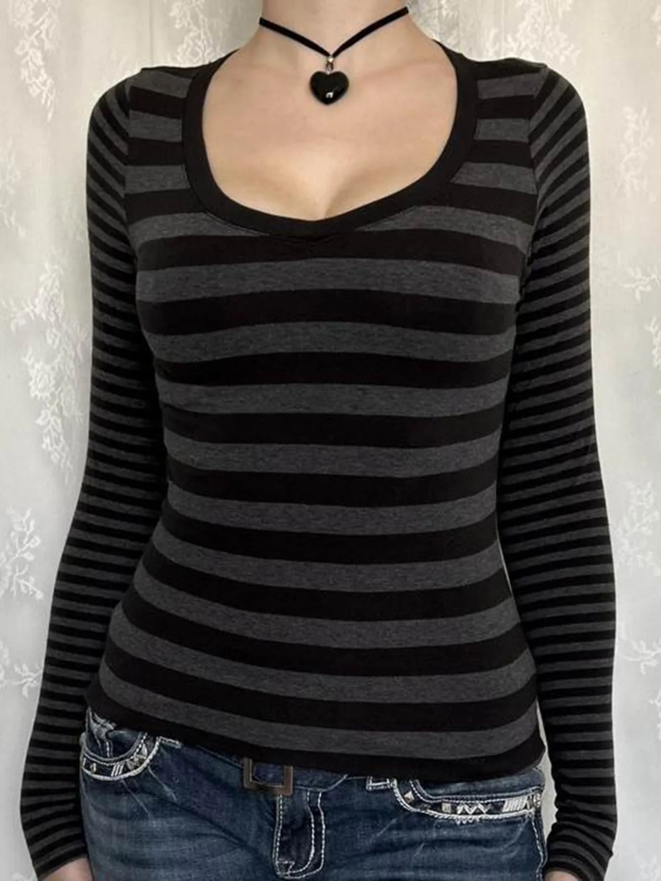 Trendsi Striped Long Sleeve Contrast T-Shirt Dark Gray