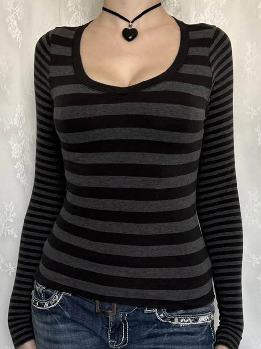 Trendsi Striped Long Sleeve Contrast T-Shirt Dark Gray