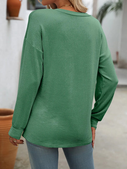 Trendsi Ribbed V-Neck Long Sleeve T-Shirt