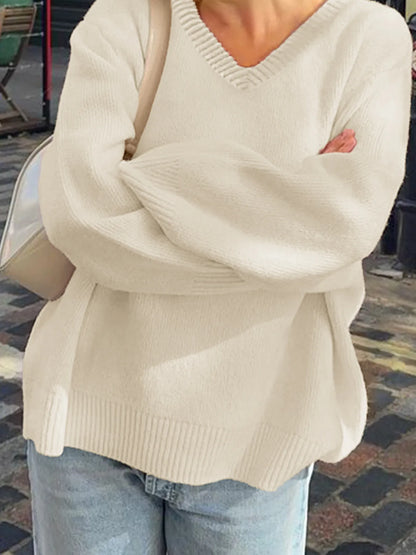 Trendsi V-Neck Long Sleeve Sweater White