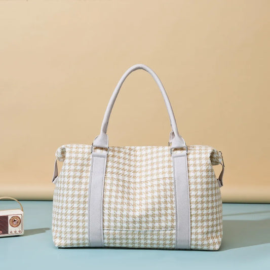 Houndstooth Canvas Travel Bag Tan One Size Easy Apparels