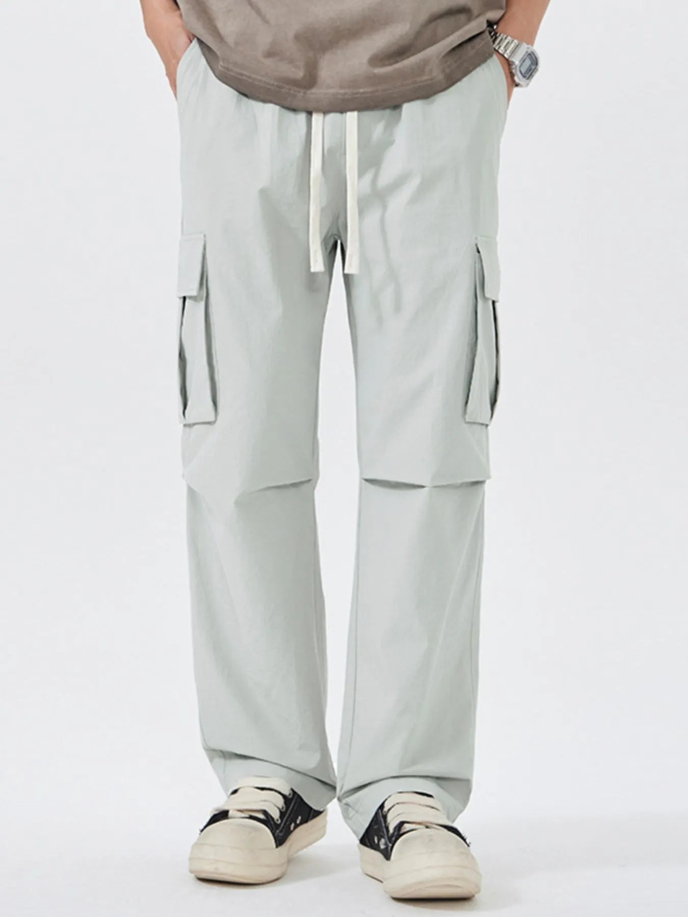 Men's Full Size Multi-Pocket Tactical Cargo Pants with Drawstring Waist Plus Size Light Gray Easy Apparels
