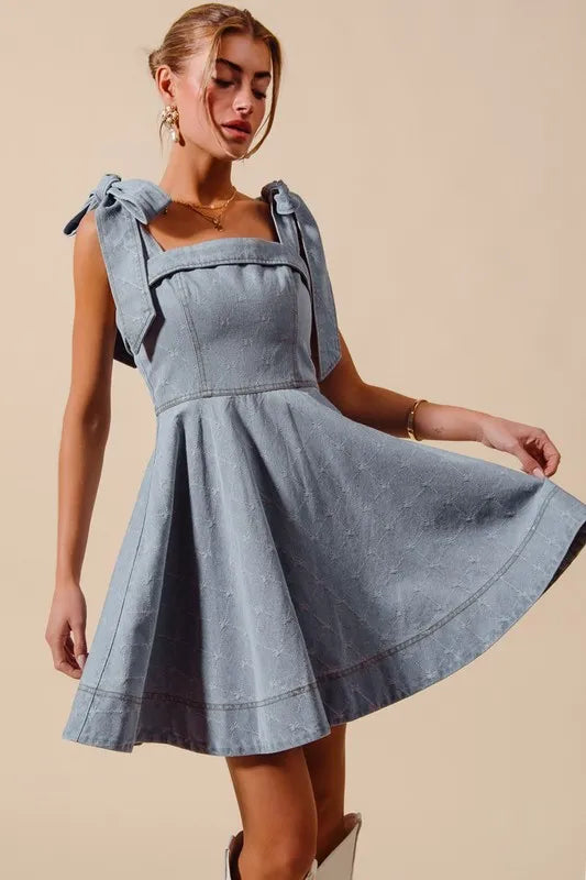 SO ME A Line Fit and Flare Diamond Bow Ribbon Denim Dres LT DENIM Easy Apparels