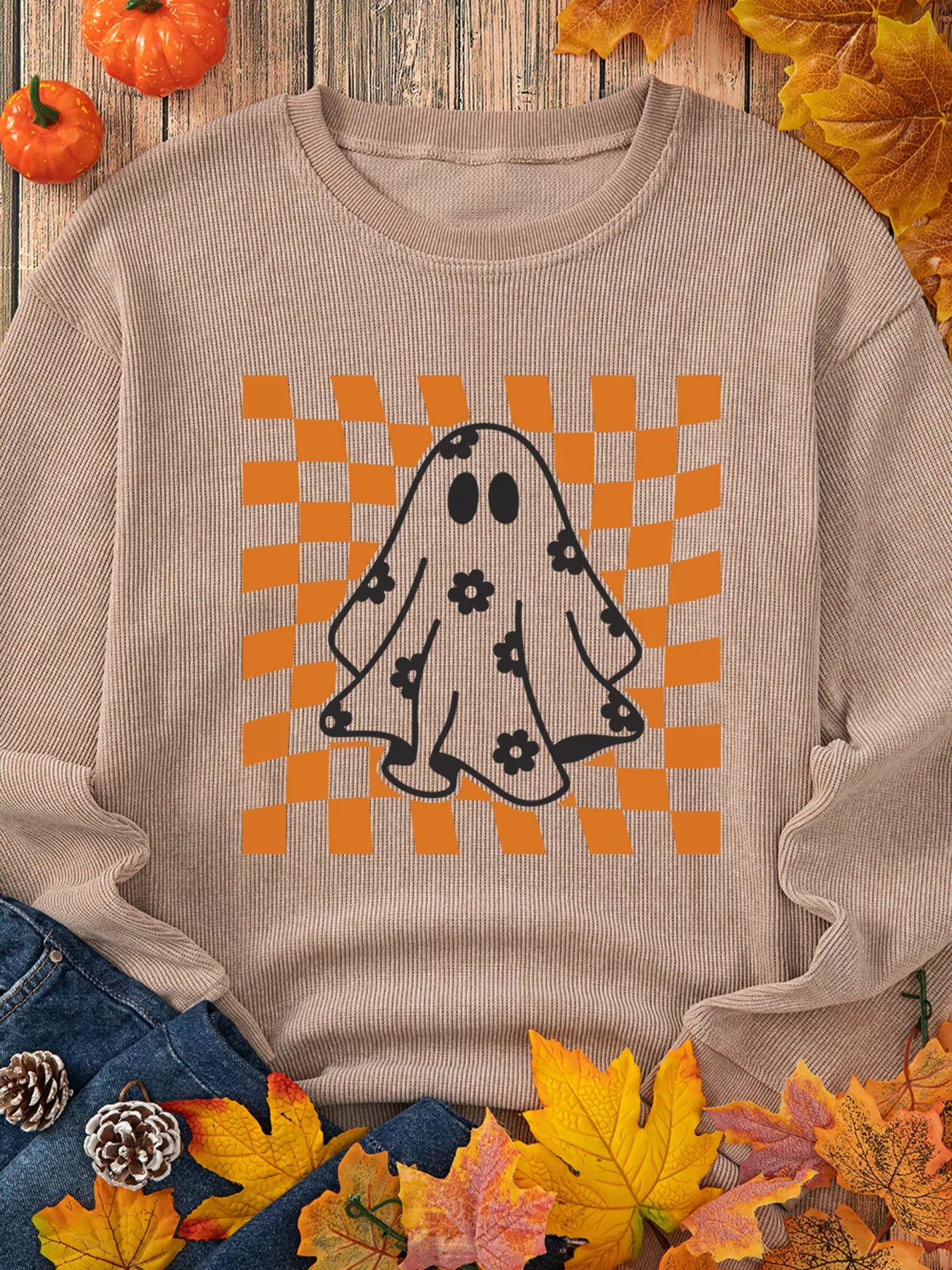Halloween Checkerboard Floral Ghost Graphic Corded Sweatshirt Easy Apparels
