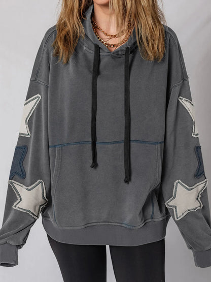 Trendsi Star Patchwork Contrast Stitching Mineral Wash Kangaroo Pocket Hoodie