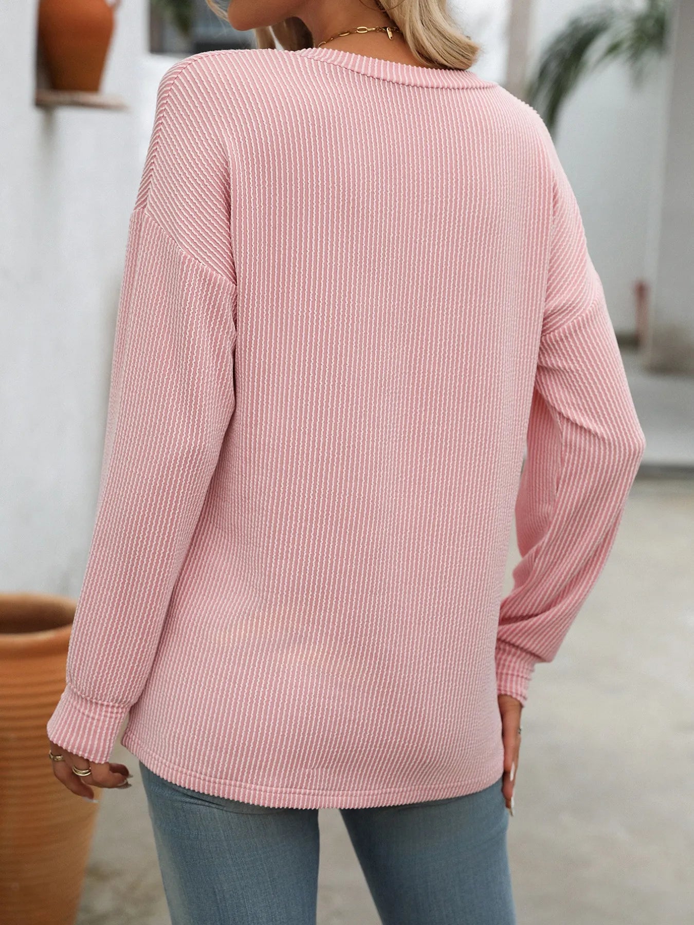 Trendsi Ribbed V-Neck Long Sleeve T-Shirt