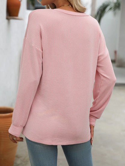 Trendsi Ribbed V-Neck Long Sleeve T-Shirt