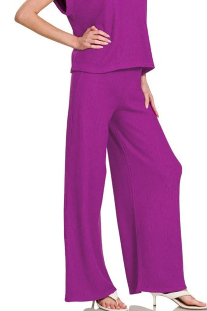 Zenana Rolled Sleeve Top and Pants Sweater Set Easy Apparels