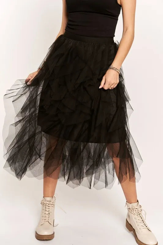 ADORA Ruffled Elastic Waist Midi Skirt Black Easy Apparels