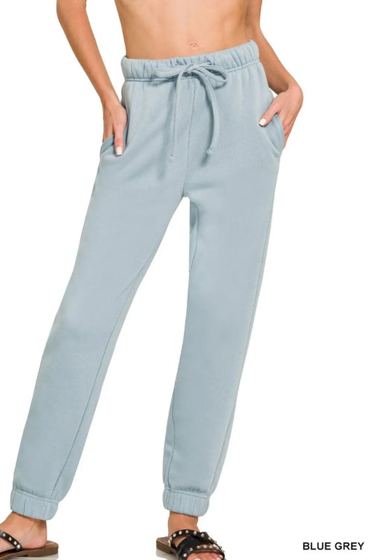 Zenana Fleece Jogger Sweatpants With Pockets BLUE GREY Easy Apparels