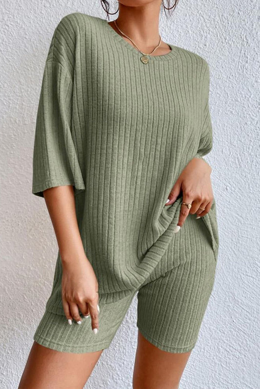 Round Neck Ribbed Top and Shorts Lounge Set Sage Easy Apparels