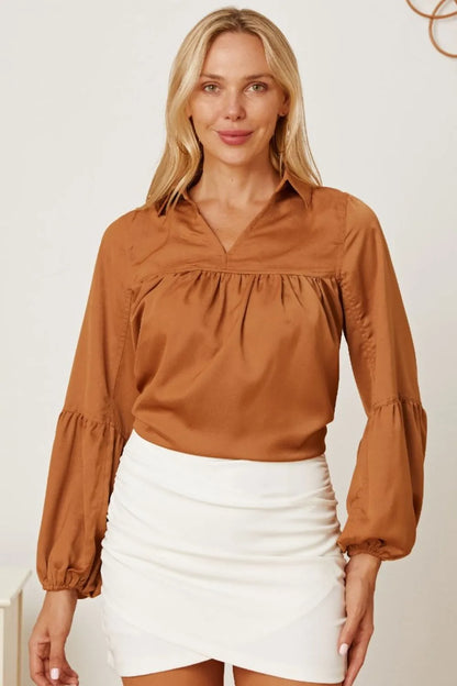 Trendsi Balloon Sleeve Collared Neck Blouse Khaki