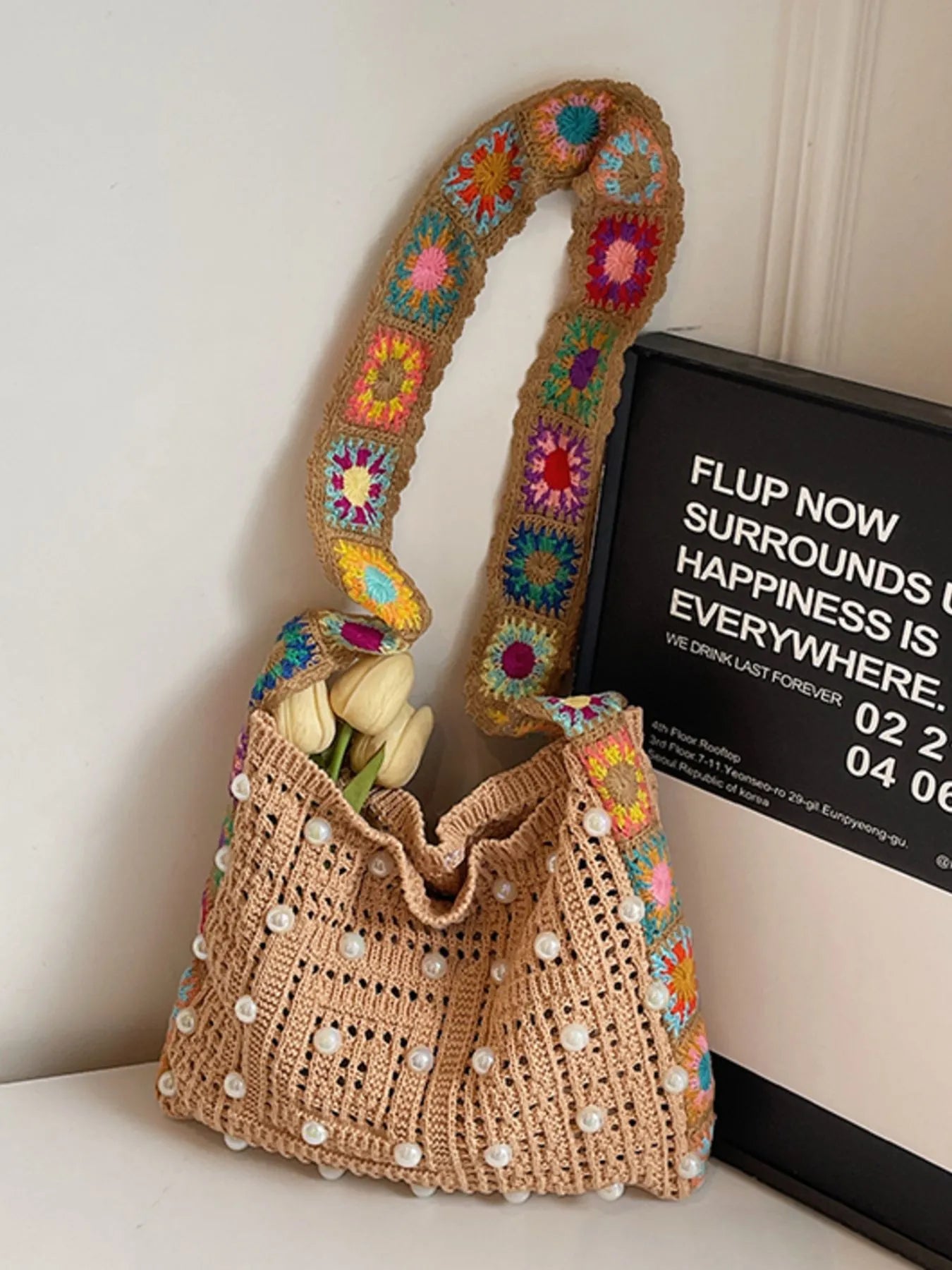 Colorful Beaded Crochet Shoulder Bag Khaki onesize Easy Apparels