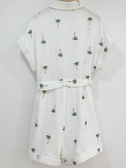 Palm Tree Print Short Sleeve Button-Up Romper with Belt Easy Apparels