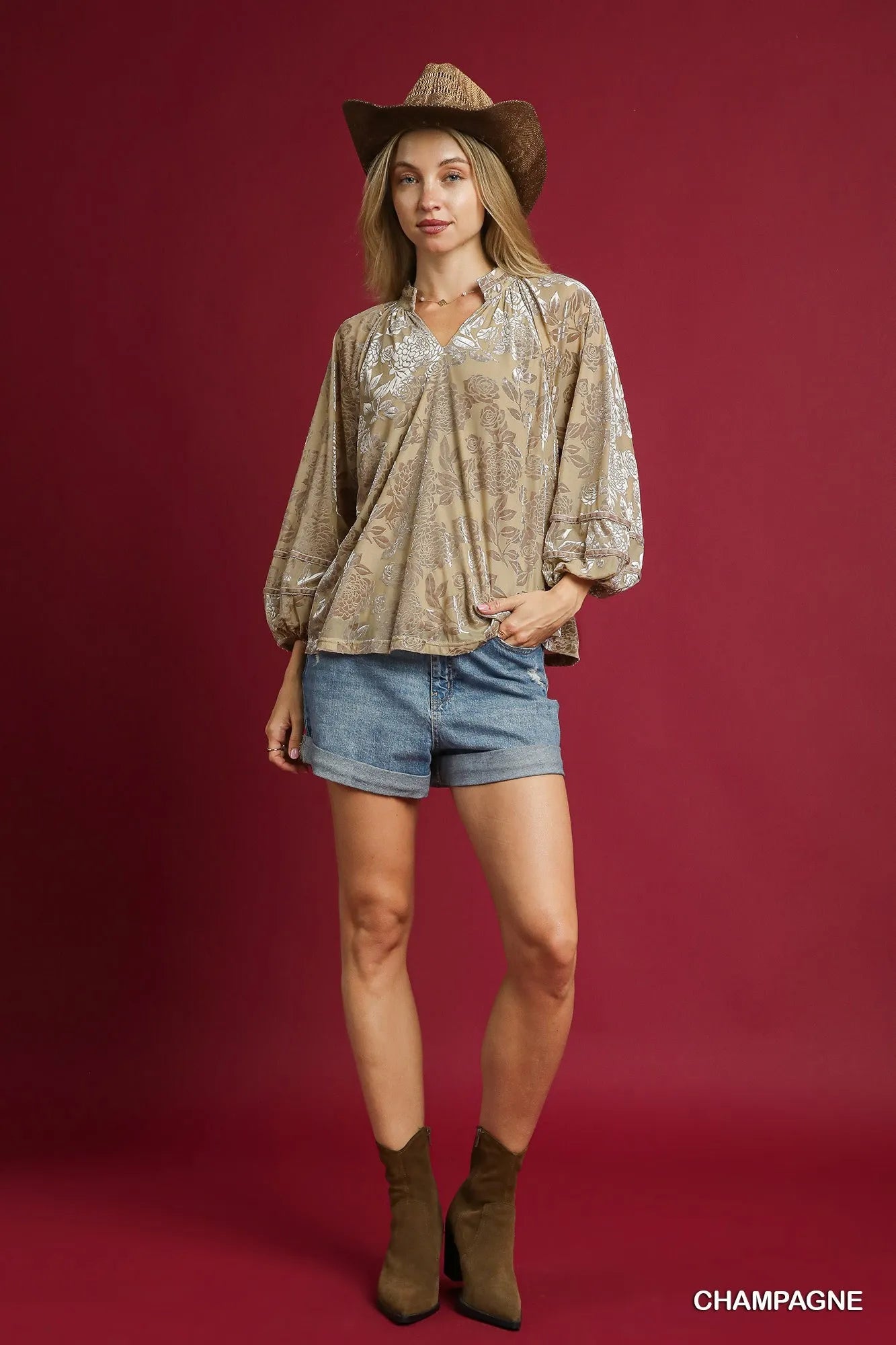Trendsi Umgee Floral Velvet Blouse with Balloon Sleeves