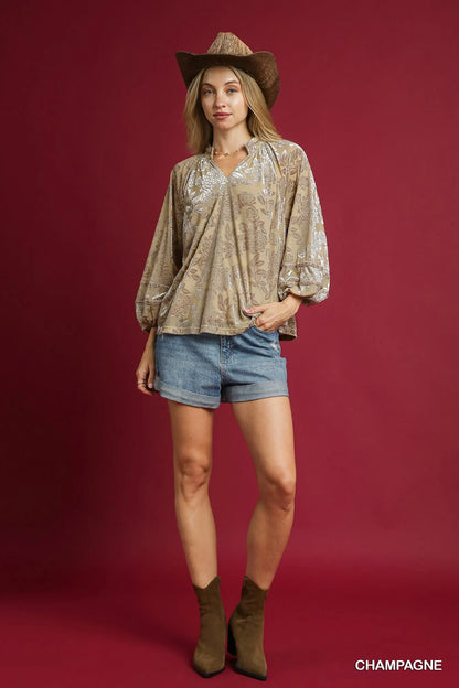 Trendsi Umgee Floral Velvet Blouse with Balloon Sleeves