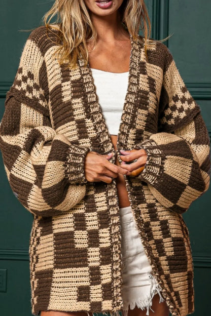 Checkered Open Front Long Sleeve Cardigan Tan Easy Apparels