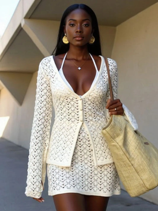 Button Up Crochet Cardigan and Skirt Sweater Set Cream Easy Apparels