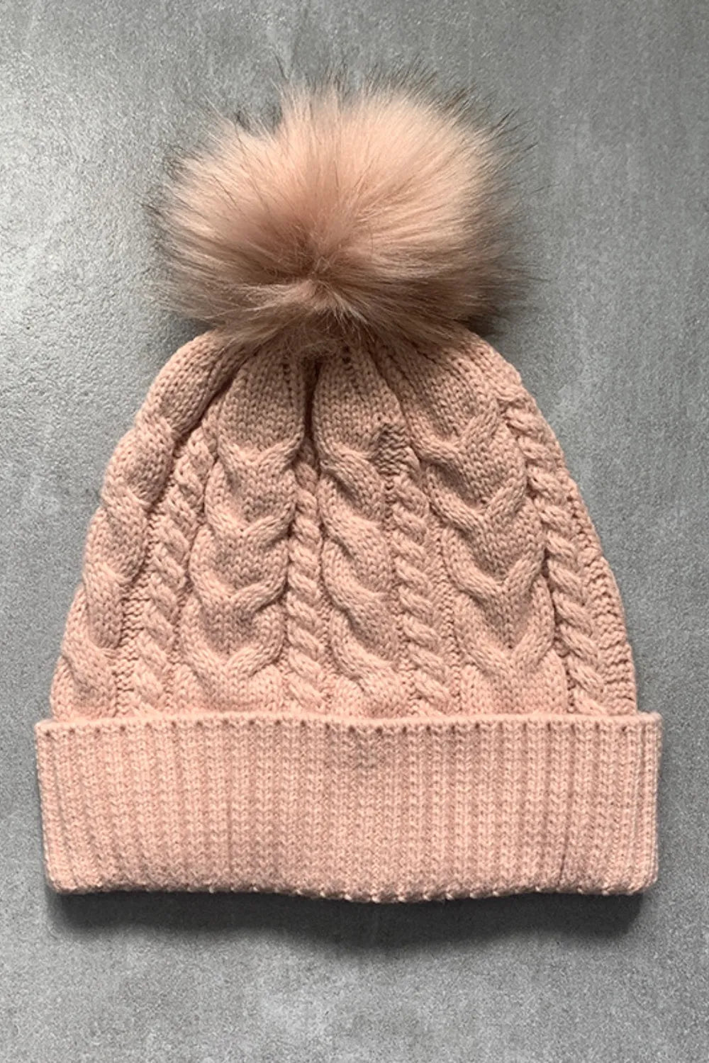 Cable-Knit Cuffed Hat with Pom-pom Watermelon pink One Size Easy Apparels