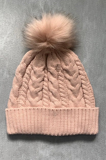 Cable-Knit Cuffed Hat with Pom-pom Watermelon pink One Size Easy Apparels