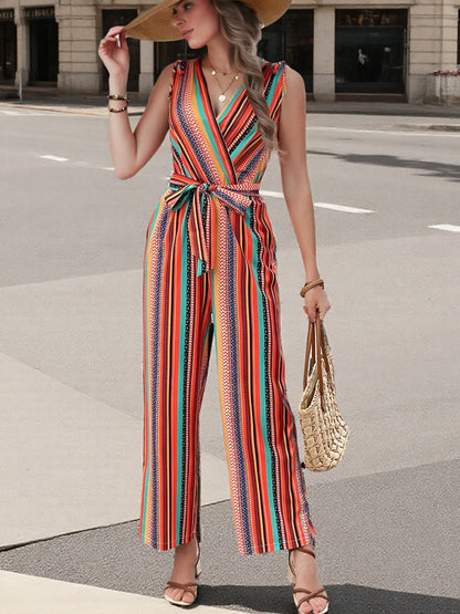 Striped Sleeveless Tie Waist Jumpsuit Easy Apparels