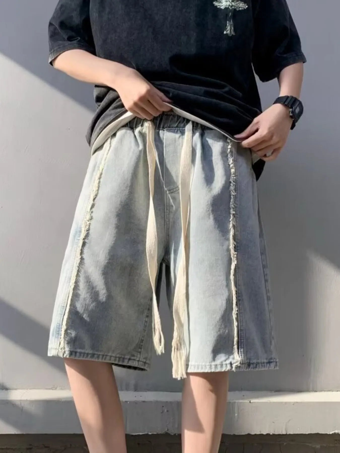 Men's Full Size Drawstring Denim Shorts with Pockets Plus Size Blue Easy Apparels
