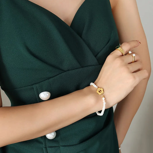 Titanium Steel Pearl Flower Bracelet Gold One Size Easy Apparels