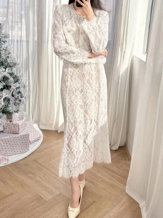Lace Snap Down Top and Skirt Set White Easy Apparels