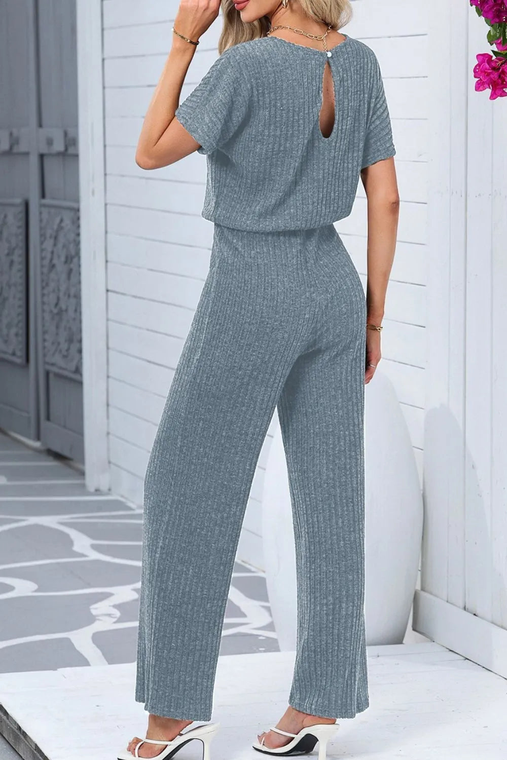 Ribbed Short Sleeve Wide Leg Jumpsuit Easy Apparels