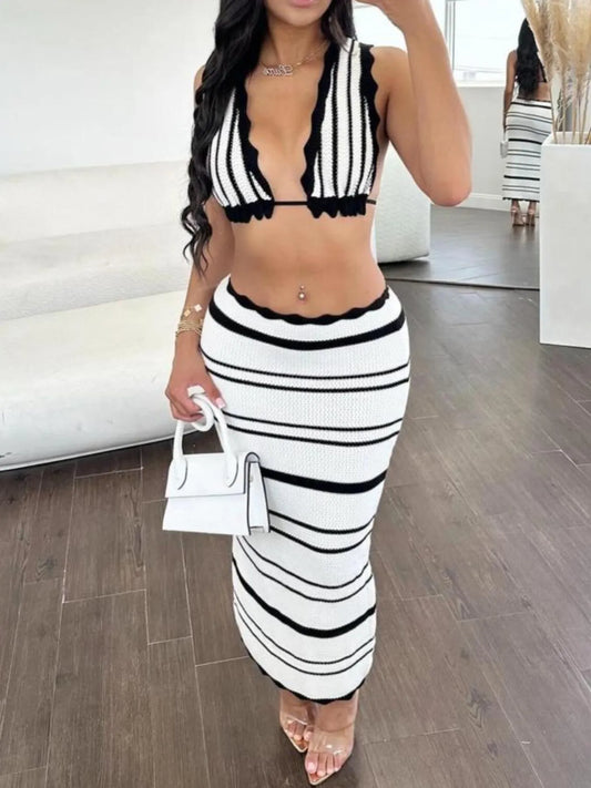 Striped Cami and Midi Skirt Sweater Set White Easy Apparels