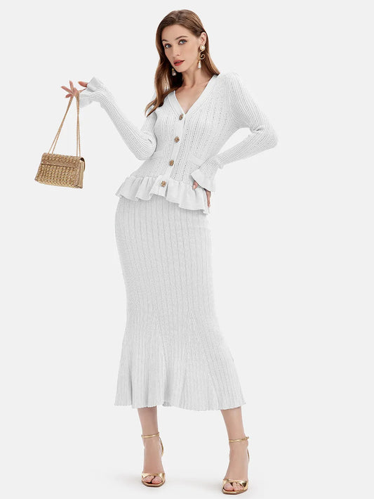 Ruffled V-Neck Top and Midi Skirt Sweater Set White One Size Easy Apparels