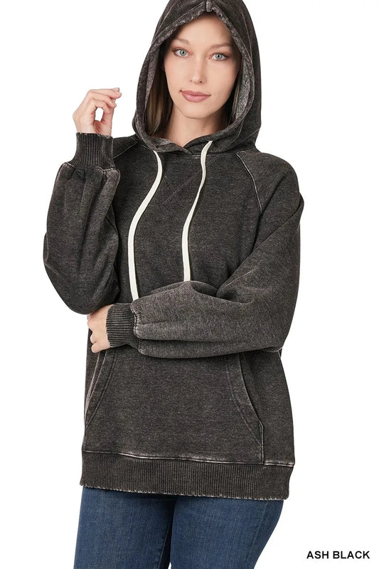 Trendsi Zenana Acid Wash Fleece Hoodie with Drawstring ASH BLACK