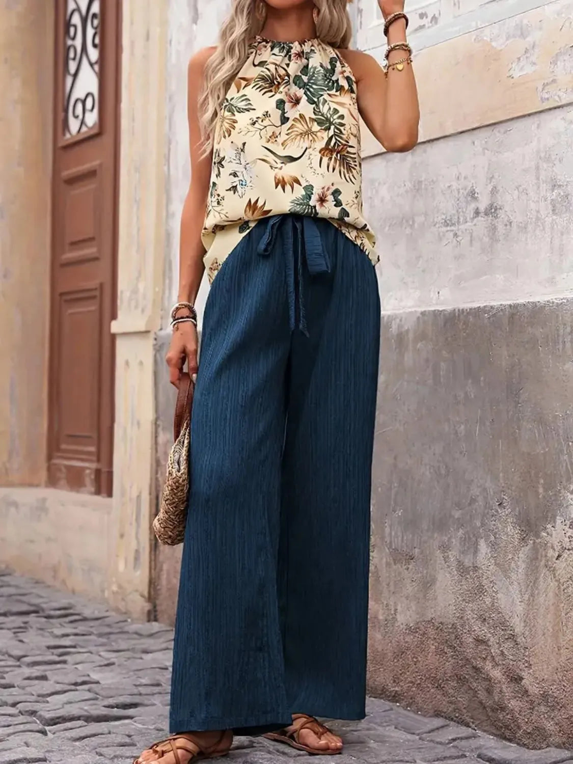 Printed Tank Top and Wide Leg Pants Set Easy Apparels