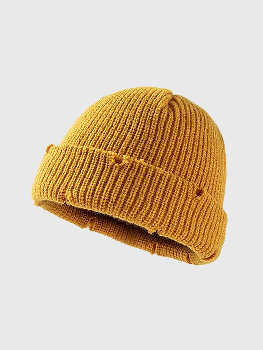 Distressed Cuffed Knit Hat Yellow One Size Easy Apparels